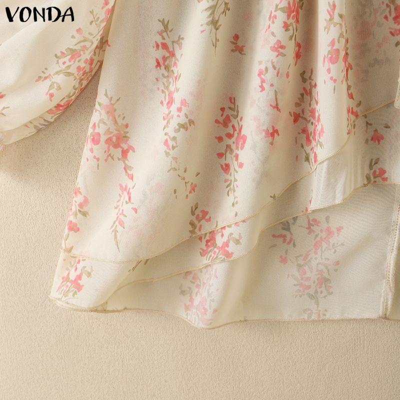 VONDA Womens Bohemian Floral Print V Neck Blouse Long Sleeve Semi-Sheer Irregular Layered Ruffled Tops