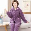Autumn Winter Women's Padded Thick Coral Fleece Coat and Pants Two-piece Warm Pajamas Set Loungewear
