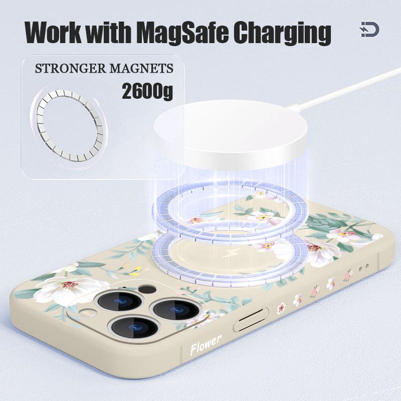 Магнитный чехол с черно-белым цветочным узором для Magsafe, для iPhone 16 Pro Max, Coque iPhone 15 Pro Max 14 13 11 17, чехол со встроенной металлической пластиной