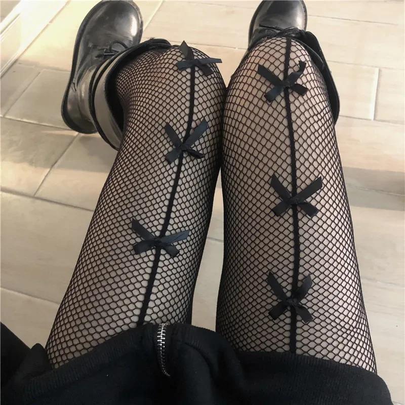 Kawaii Gothic Hollow Out Pantyhose Lolita Bow Knot Fishnet Stockings Women Spicy Girl Black White Sexy Thin Ins Tide Lace Tights