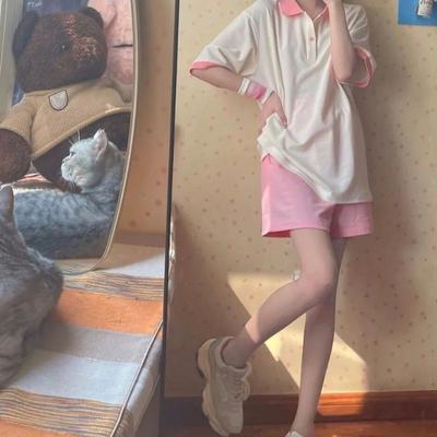 Повседневный спортивный костюм для студенток, летний молодежный колледжский стиль, свободная футболка-поло с коротким рукавом, шорты с широкими штанинами, комплект из двух предметов