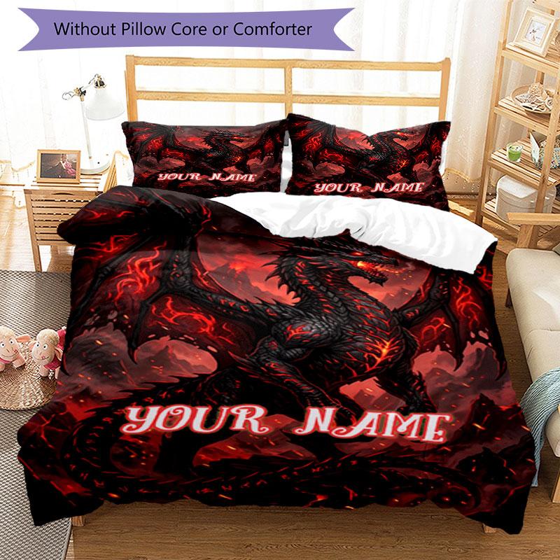 3PC Custom Name Dragon Artwork Bedding Set Duvet Cover Closure Includes 1 Duvet Cover & 2 Pillowcases for Bedroom