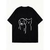 Oversized T Shirt Black Dog and Cat Line Art Print Casual Wear for Women