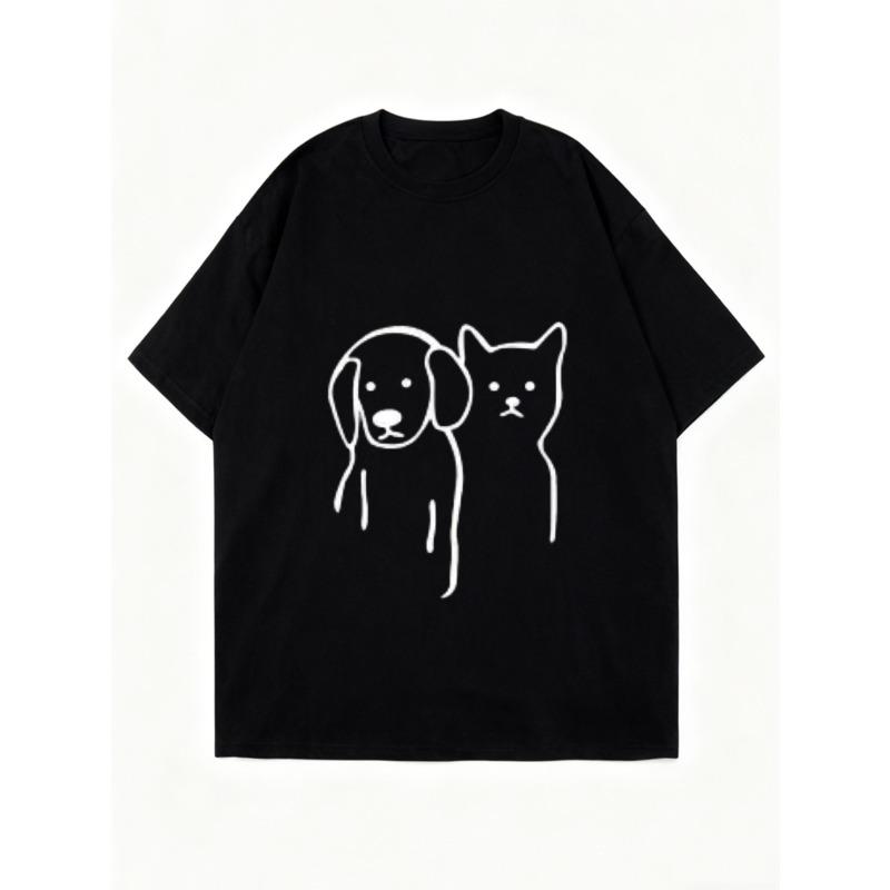 Oversized T Shirt Black Dog and Cat Line Art Print Casual Wear for Women