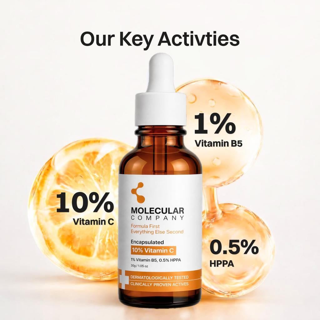 Molecular Company Сыворотка для лица с 10% ИНКАПСУЛИРОВАННЫМ витамином C 30 мл | Лучшее впитывание, Меньше раздражения | 1% витамина B5 и 0,5% HPPA для сияющей кожи, Bri