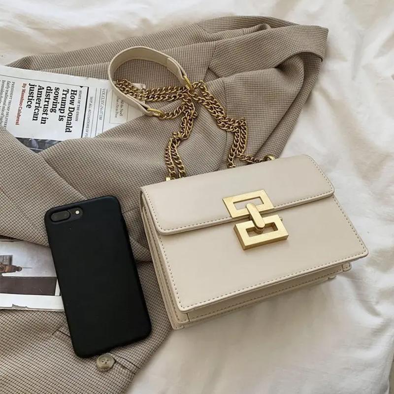 Minimalist Metal Decor Chain Single Shoulder Bag Square Elegant PU Crossbody Bag Woman's Trendy Flap Handbags Phone Purse CLE