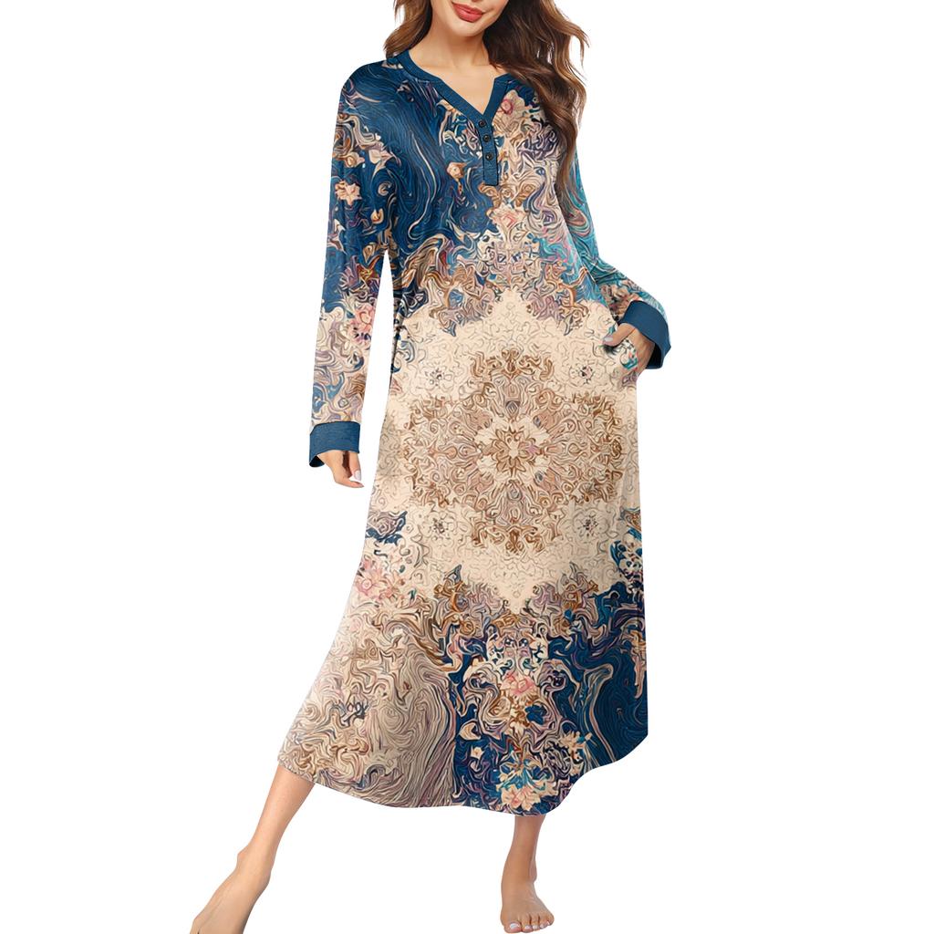 Женская ночная сорочка длинная домашняя одежда с V-образным вырезом и карманами
