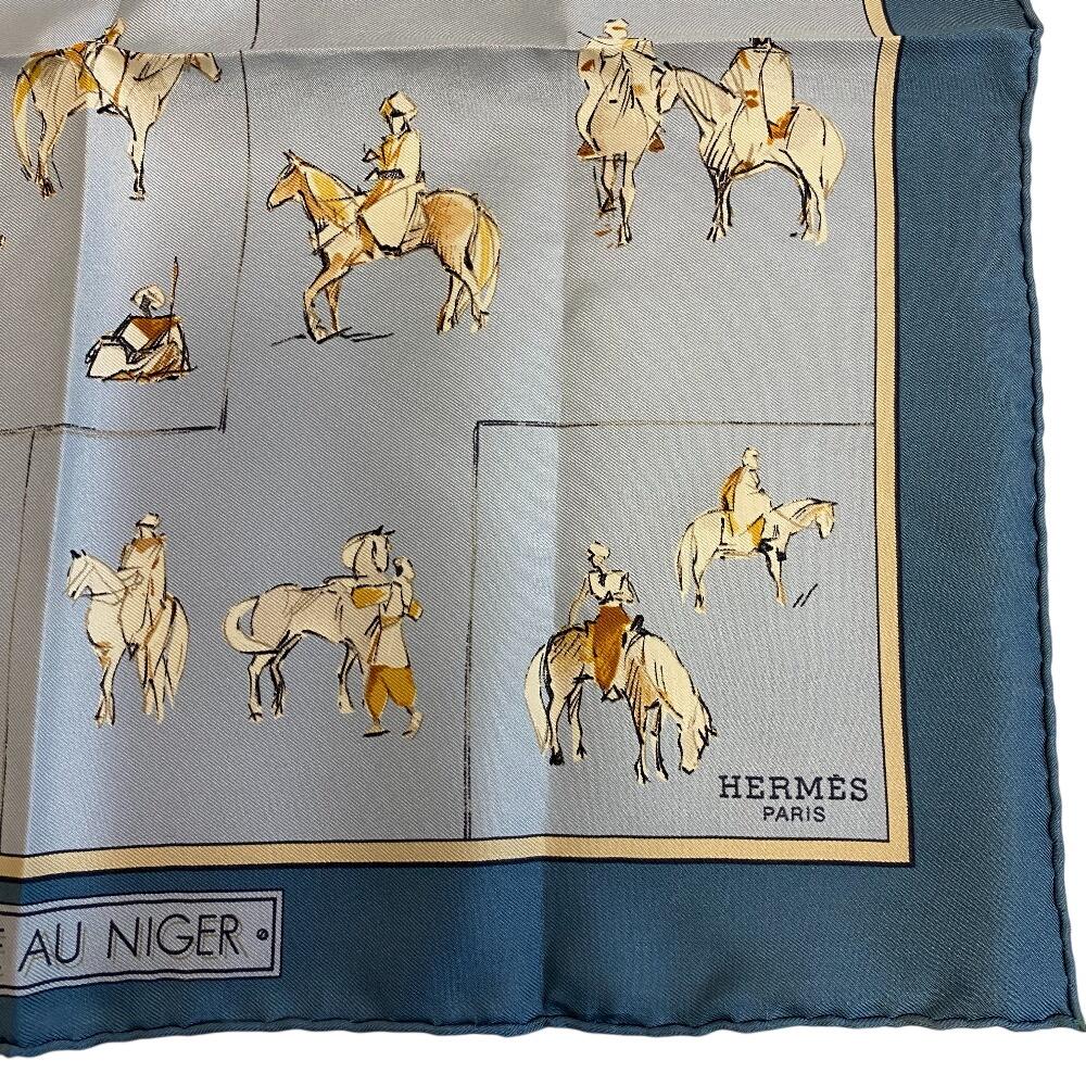Hermes Шелковый платок-каре 45 см, синий шелк, женский, б/у, Journey to Niger Silk silk Carre 45