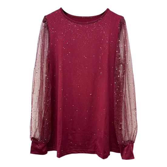 Женская футболка с круглым вырезом, прозрачные блестящие топы с длинным рукавом, однотонные, свободного кроя, повседневные топы для повседневной носки
