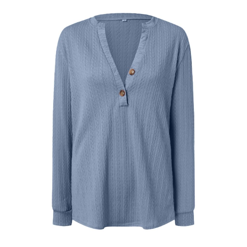 Женская мода с длинным рукавом однотонная футболка с v-образным вырезом и пуговицами повседневный топ с принтом