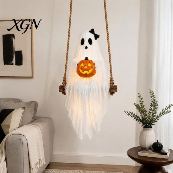Halloween Party Supplies Lighted Ghost Swing with Glowing Pumpkin, Hanging Spooky Decor Realistic Scary Home Accents for Porch Yard, LED Floating