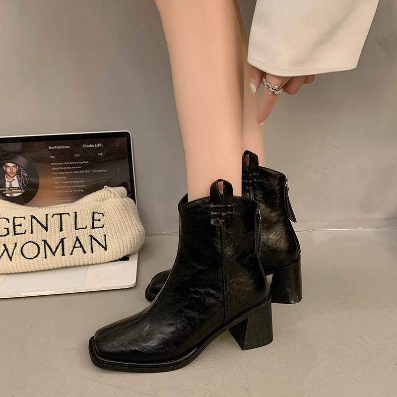 Женские зимние ботильоны на высоком каблуке с квадратным носком 2025 года, повседневные новые туфли «Челси» на толстом каблуке, модные кожаные туфли-лодочки Botas Mujer