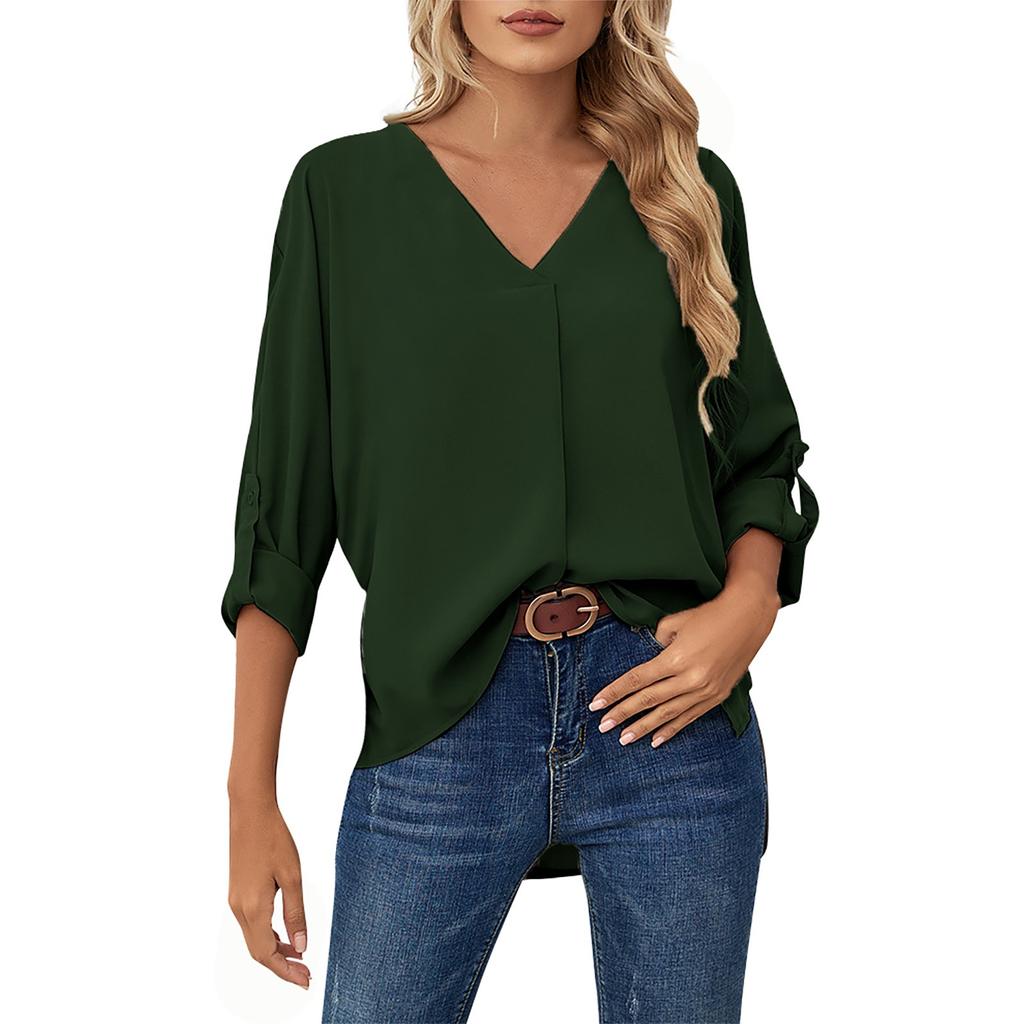 Solid Color Fashionable Chiffon Shirt Women's V-Neck Long-Sleeved Casual Top