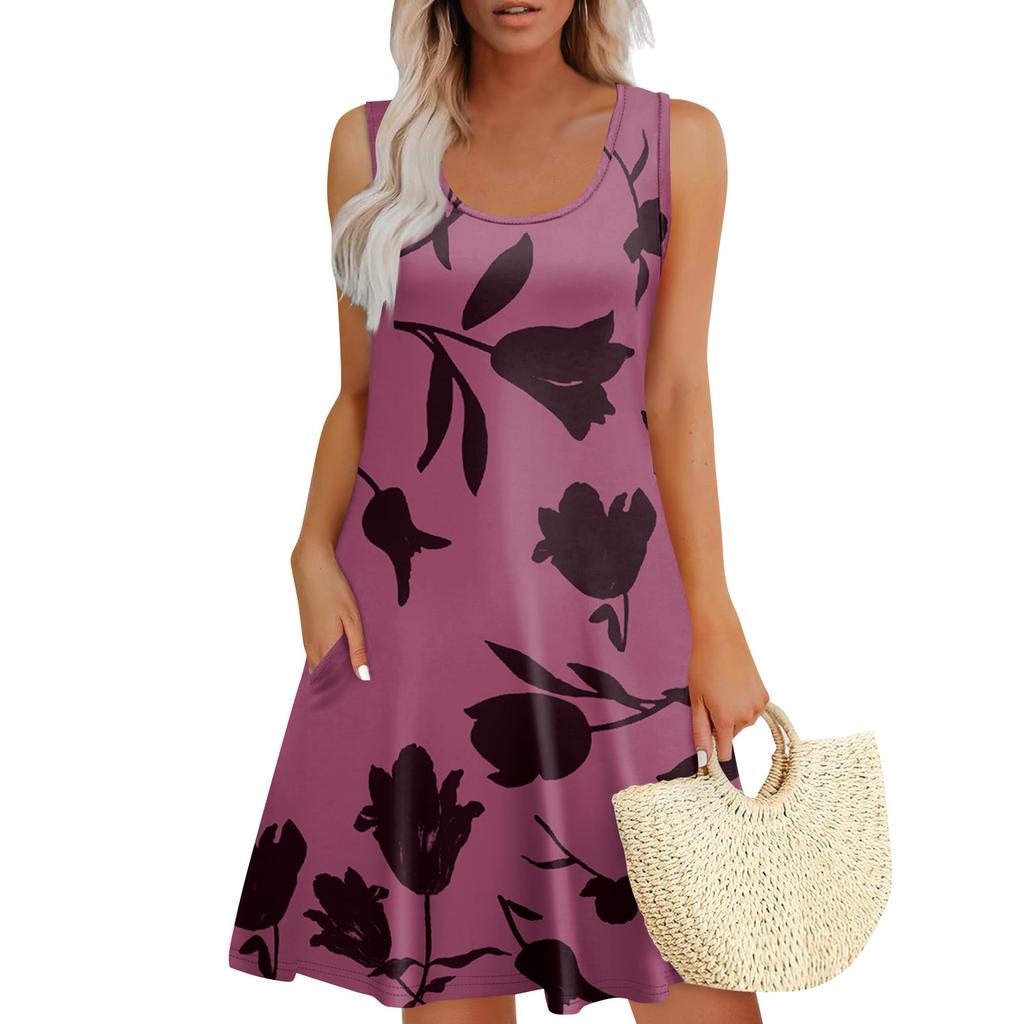 Women's Summer Casual U-shaped Tie Pocket Popular Floral Print Dress