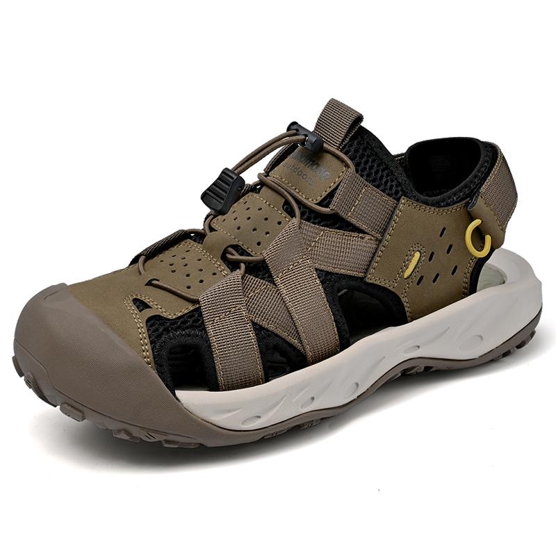 Summer Men's Hollow Leather Beach Sandals Toe Cap Outdoor Sports Shoes Handmade Mesh Shoes