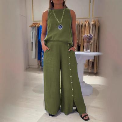 Женский комплект из двух частей из хлопка и льна, топ без рукавов с круглым вырезом, широкие брюки с разрезом на пуговицах и карманами, повседневный комплект для отдыха