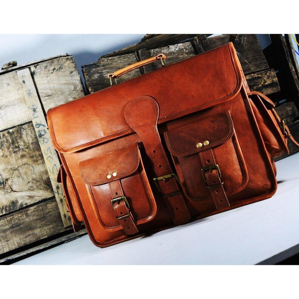 Vintage Briefcase Goat Leather Messenger Real Satchel Bag Brown Genuine Laptop