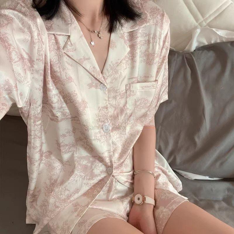 Faux Silk Women's Flower Pajamas Set Button Down Top & Shorts 2 Pieces Set Satin Nightwear Loungewear for Summer Sleepwear