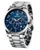 BENYAR Watch Analog Quartz Movement Chronograph Watch Casual Sports Design Stainless Steel Strap 30M Waterproof Elegant Gift for Men Silver Blue Men's