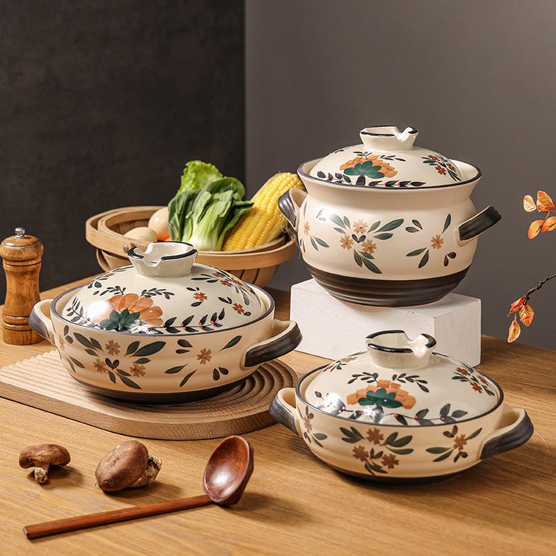 Расписанная вручную керамическая кастрюля с крышкой для приготовления рагу, супа и риса