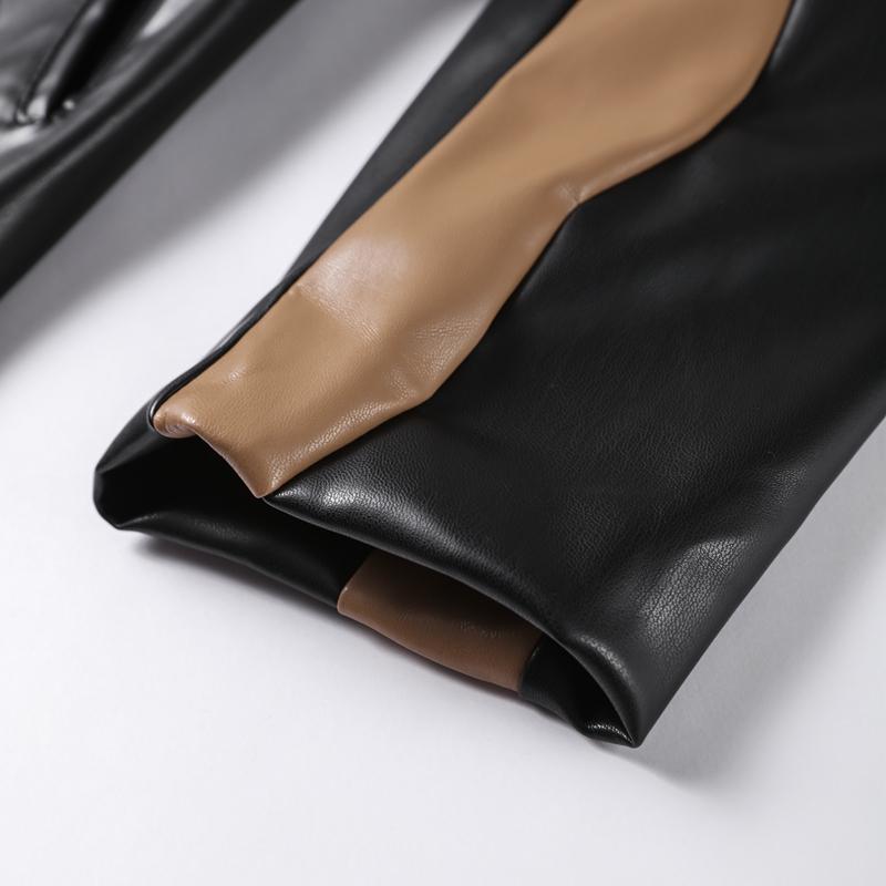 Контрастная кожаная длинная женская куртка со шнуровкой на лацканах с длинным рукавом, женская макси-куртка из искусственной кожи, осенне-зимнее уличное женское пальто с карманами