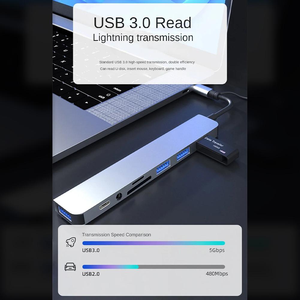 8 In 1 USB C Hub Multiport USB 3.0 Expander With Cable Portable Data Adapter Card Reader For Laptop PC Printer Flash Drive