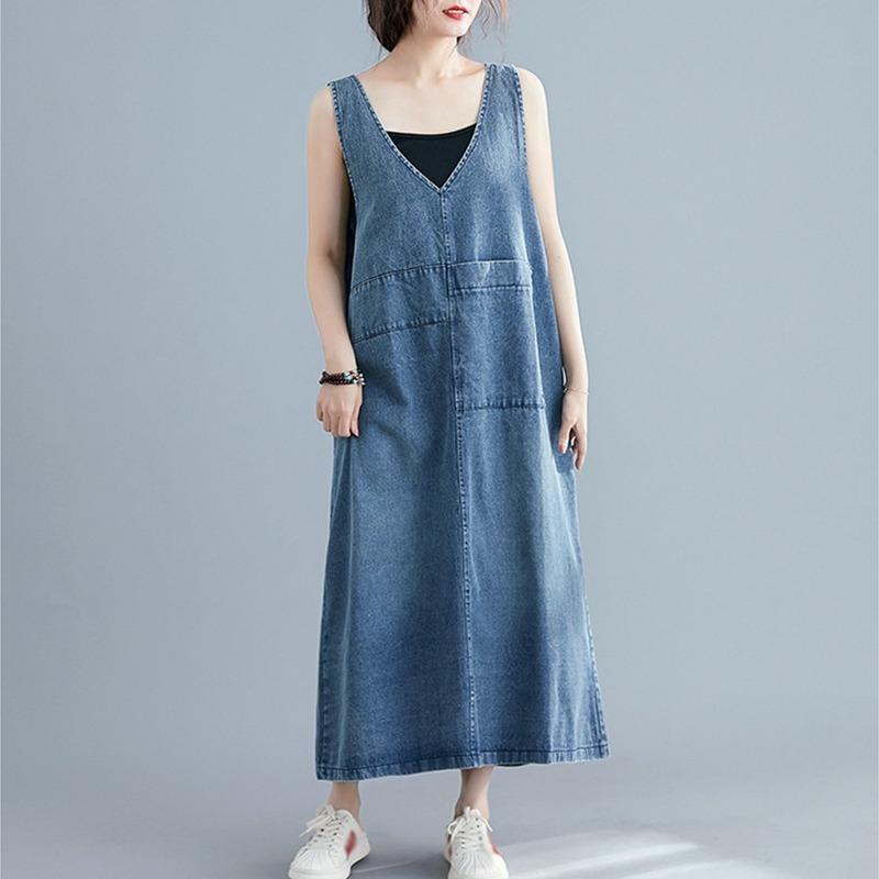 Джинсовое платье женское плюс размер повседневное винтажное без рукавов с большими карманами свободные джинсовые платья в стиле ретро женские летние с v-образным вырезом