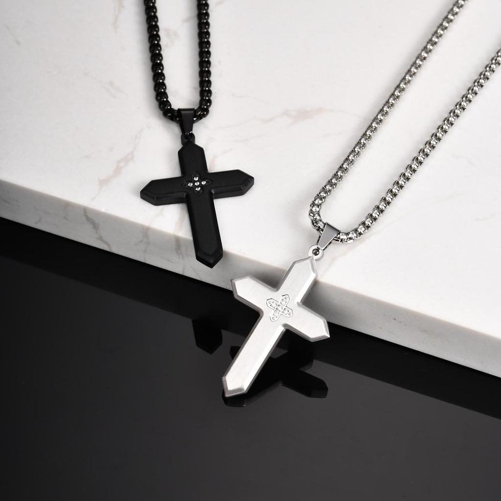 Vnox Stainless Steel 25.7x38.7mm Cross Pendant Necklace with Zircon Stones for Men Women Box Chain Punk Jewelry Gift Anniversary