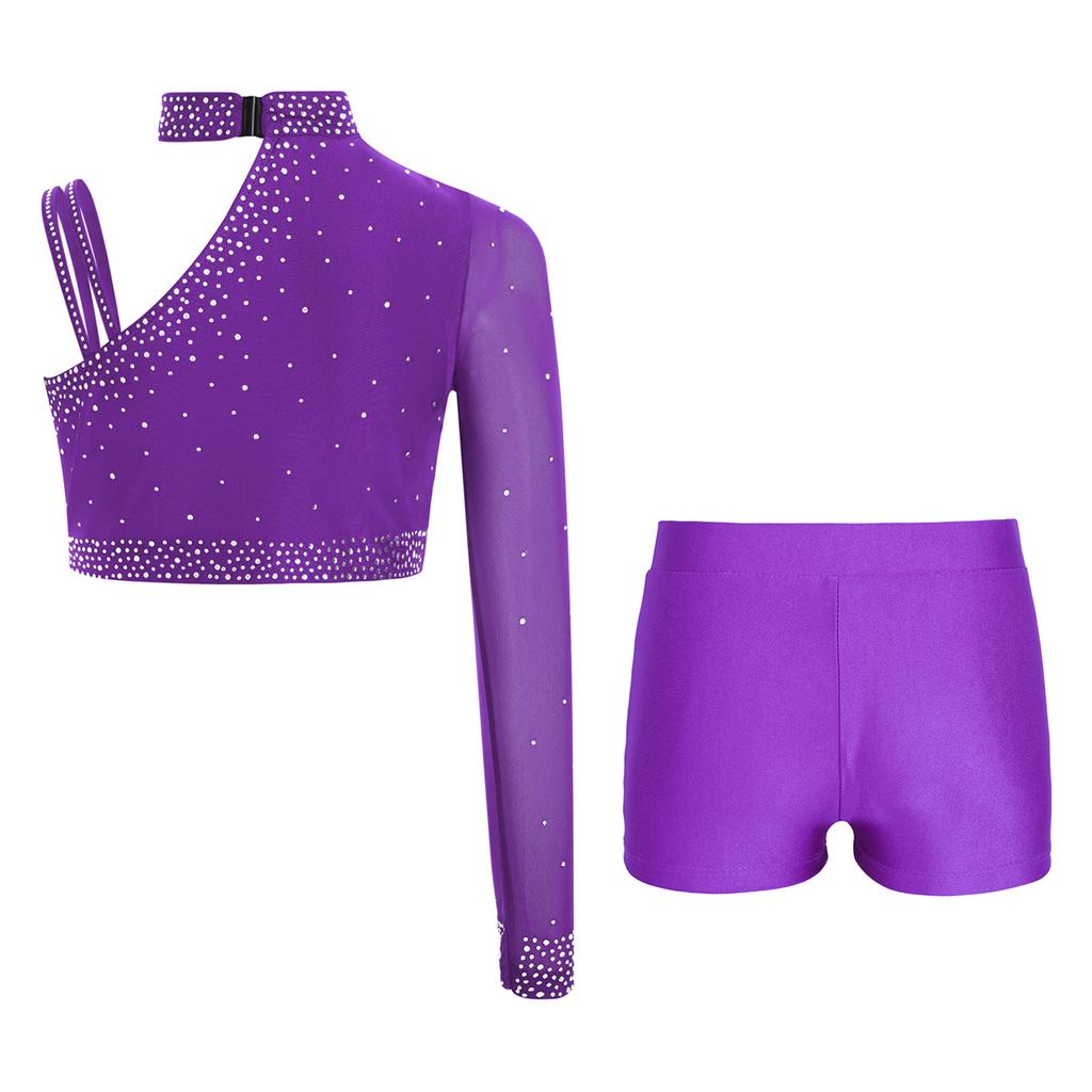 Блестящий укороченный топ для танцев со стразами для девочек: Шорты с асимметричным плечом и V-образным поясом для танцевальных выступлений