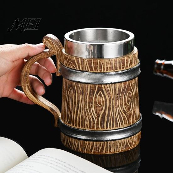 Beer Mug Large Capacity Wood Barrel Mug, 600ml Stainless Steel Liner Stein, Vintage Style Stein Rustic Tankard for Pub Home Bar Party Gift Heavy Duty