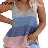 Women's Plus Size Color Contrast Patchwork Striped Rainbow Bottom Shirt Halter Vest