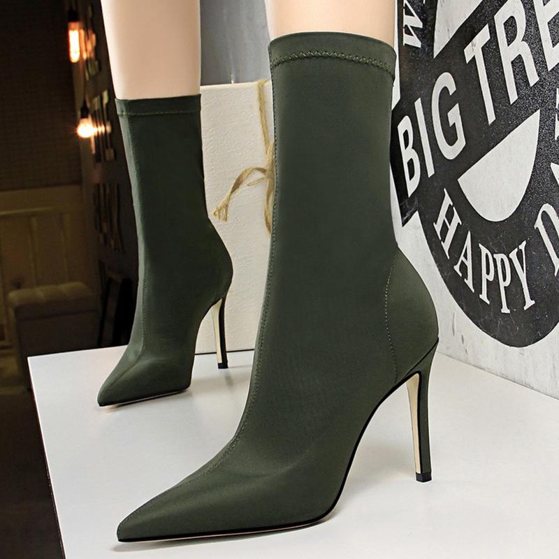 Обувь BIGTREE, женские ботинки, модные ботильоны, эластичные ботинки с острым носком, осенние носки на шпильке, ботинки, женская обувь на высоком каблуке, большие размеры 42 43