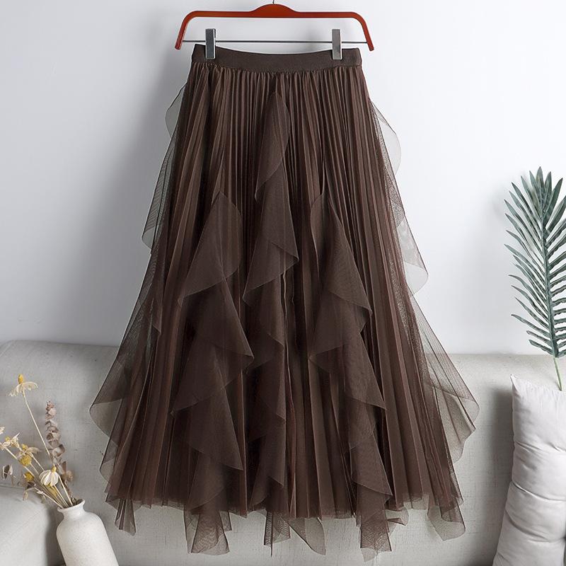 Qooth Summer Long Maxi Skirt Women FCute High-waisted Pleated Kawaii Tulle Skirt Mesh Gauze QT1240