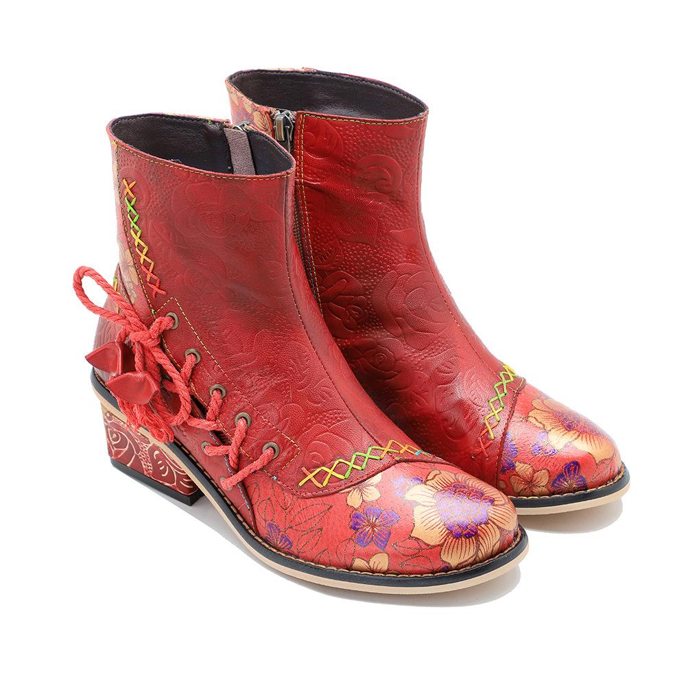 Johnature Винтажные красные туфли, женские короткие сапоги ручной работы из натуральной кожи с принтом на шнуровке