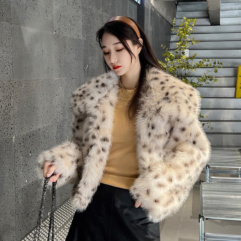 Leopard Point Square Collar Small Short High Waist Fluffy Jacket Women'S Winter Fur Collar Imitation Fur Top Commuter Leopard Print