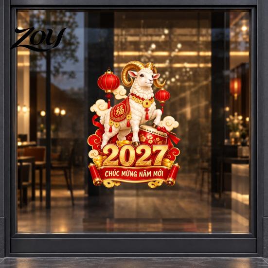 Decorative Storefront Glass Film 2027 Zodiac Sheep Sticker, Vietnamese Happy New Year Static Window of The Decorations Decal, Removable Festive