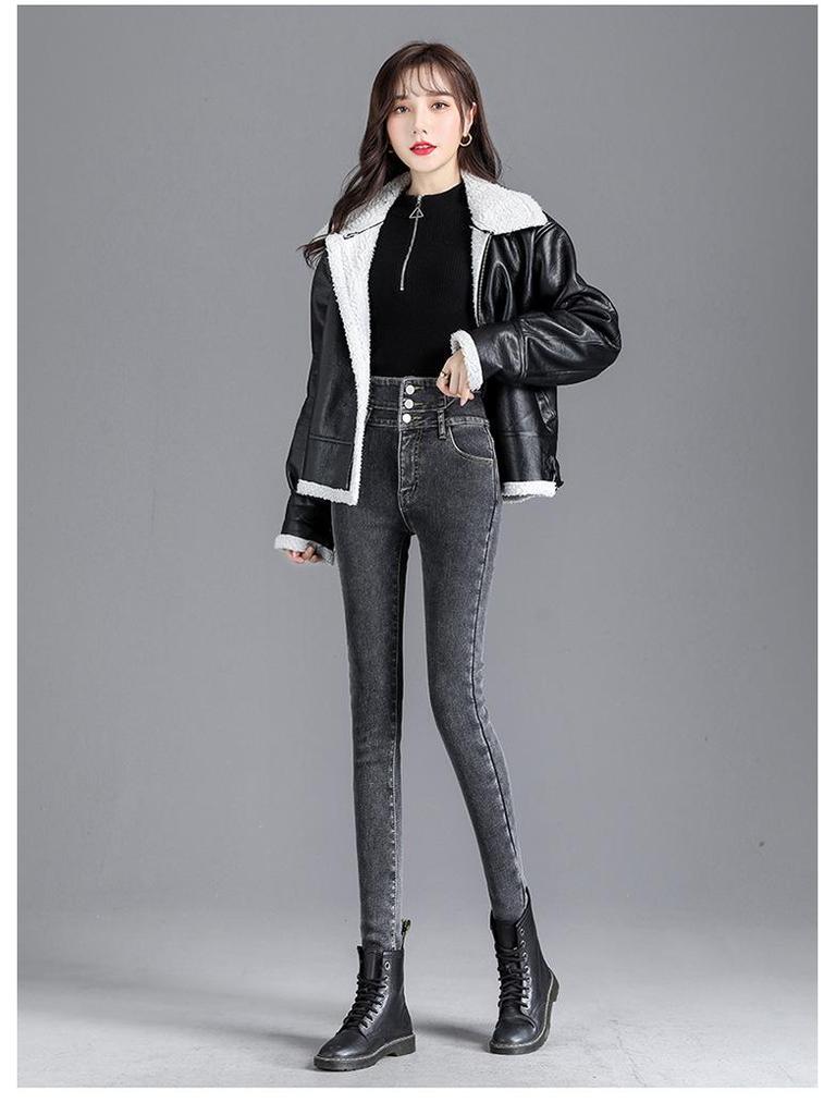 Женские джинсы-карандаш с высокой талией и флисовой подкладкой, стройнящие - Зимнее тепло