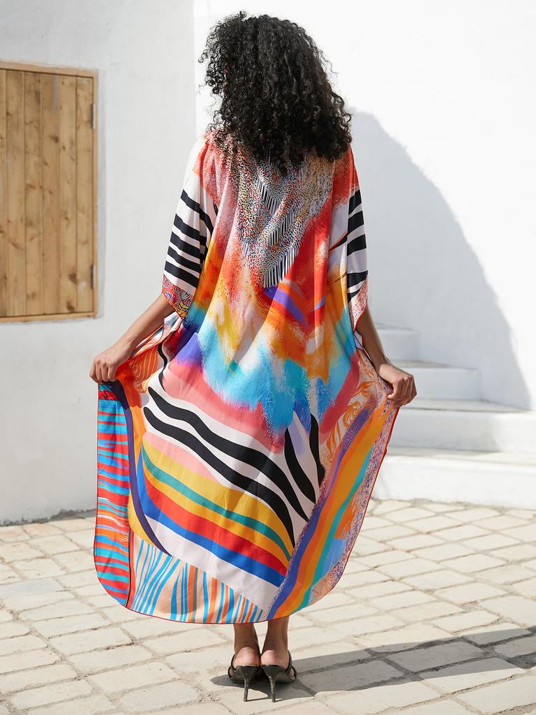Printed Beach Dresses Viscose Kaftans for Women Summer Plus Size Loose Robe Holiday Living Room Bathing Suits