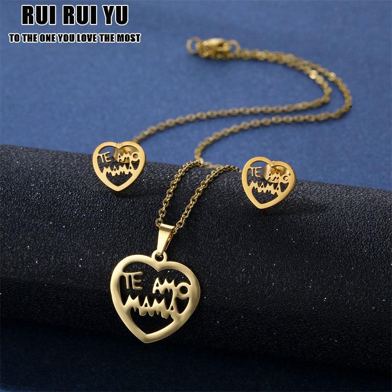 QQs Нержавеющая сталь Серебро MAMA Письмо Ожерелье Серьги Комплект Любовь Сердце Мама Дочь Рисунок Комплект Ювелирных Изделий Подарок на День Матери