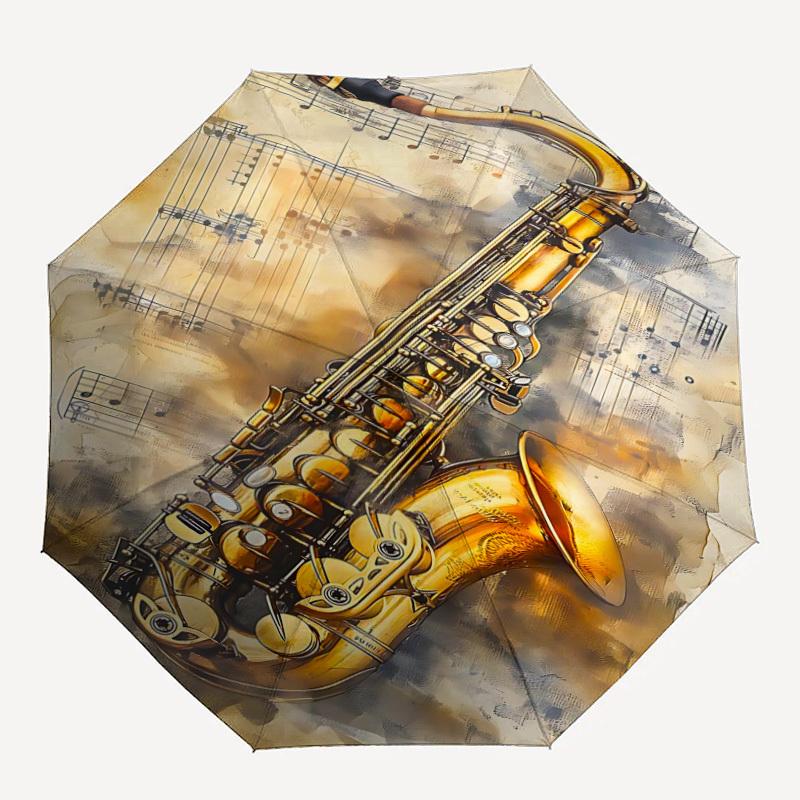 1pc Saxophone Notes Automatic Folding Umbrella, 8-Rib Durable Iron Frame, Compact Travel Umbrella for Women & Men 061