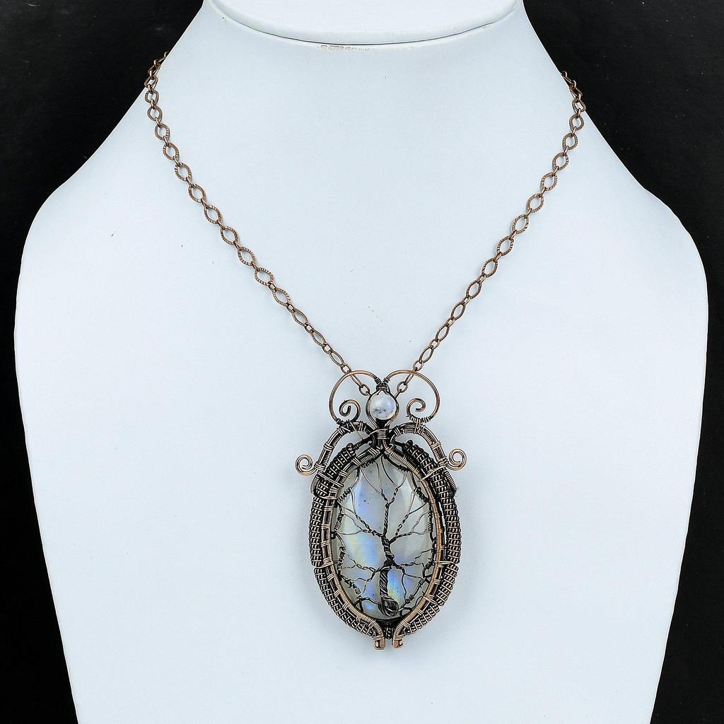 Кулон Древо Жизни с Радужным Лунным Камнем, Кулон, оплетенный медной проволокой, Кулон ручной работы, Украшения из медной проволоки, Кулон с драгоценным камнем, Подарок для женщин