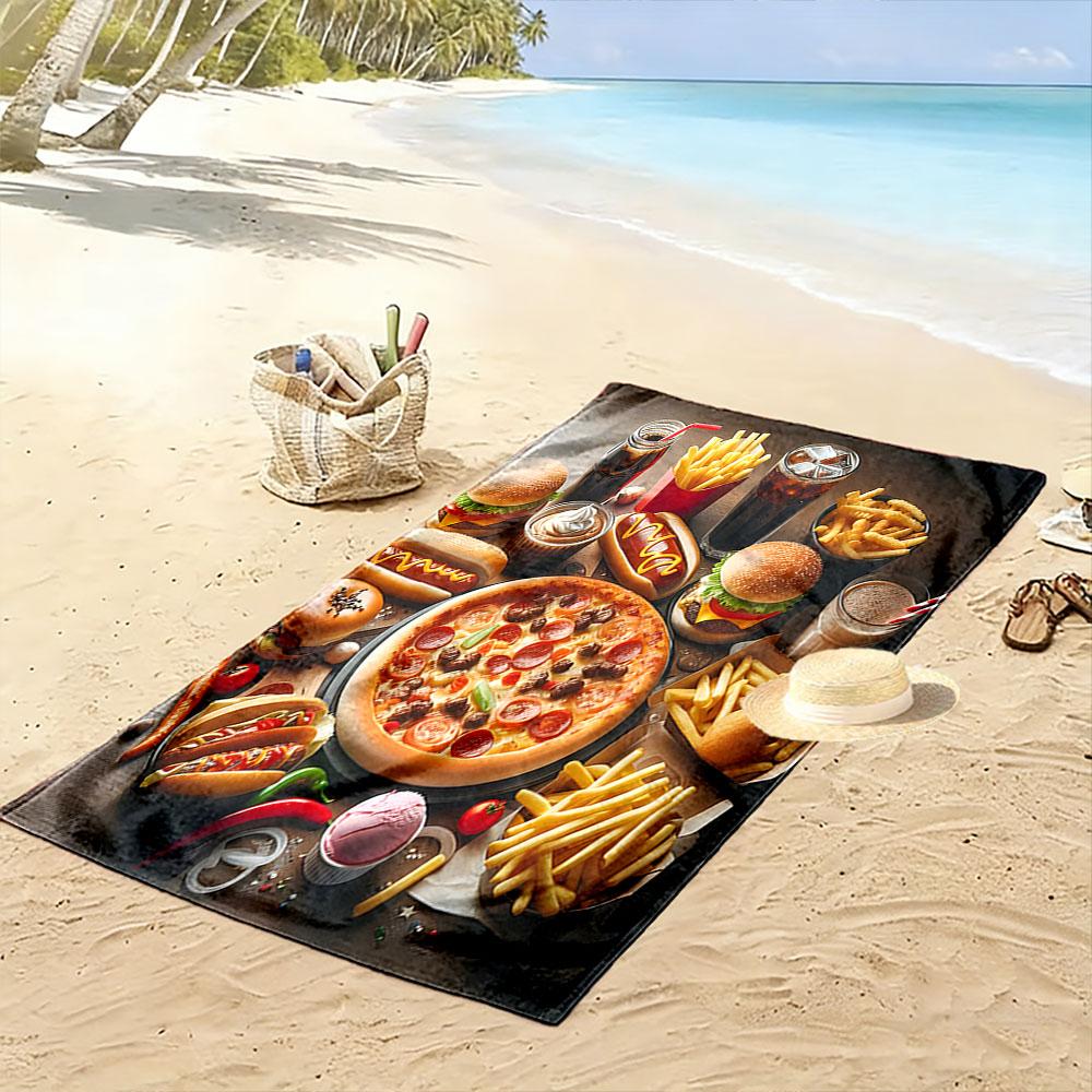 Fast Food Feast: Burgers, Pizza, and Fries Patterned beach towel quick dry perfect for travel outdoor sports jogging the beach and swimming