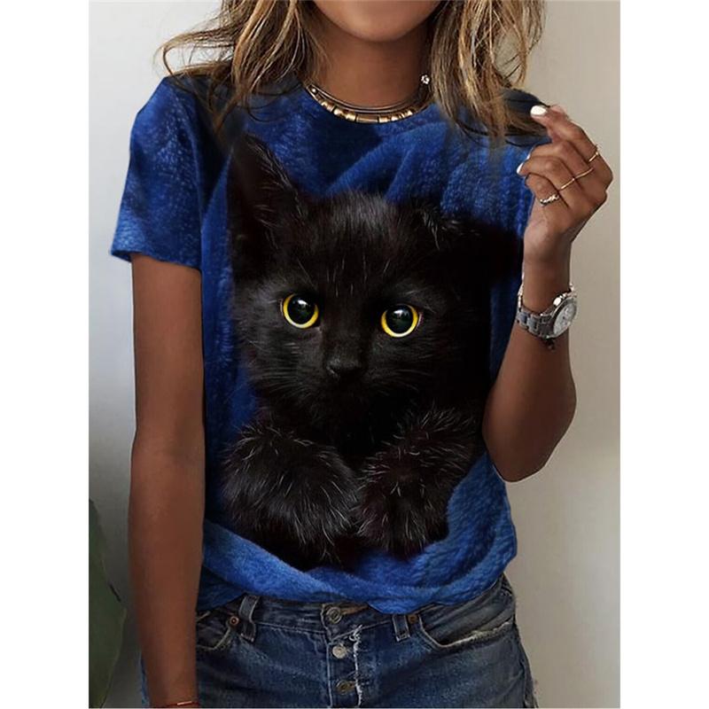Милая футболка с рисунком собаки и кошки для женщин Футболки с 3D-принтом в виде животных Летние свободные футболки с короткими рукавами и круглым вырезом Топы в уличном стиле