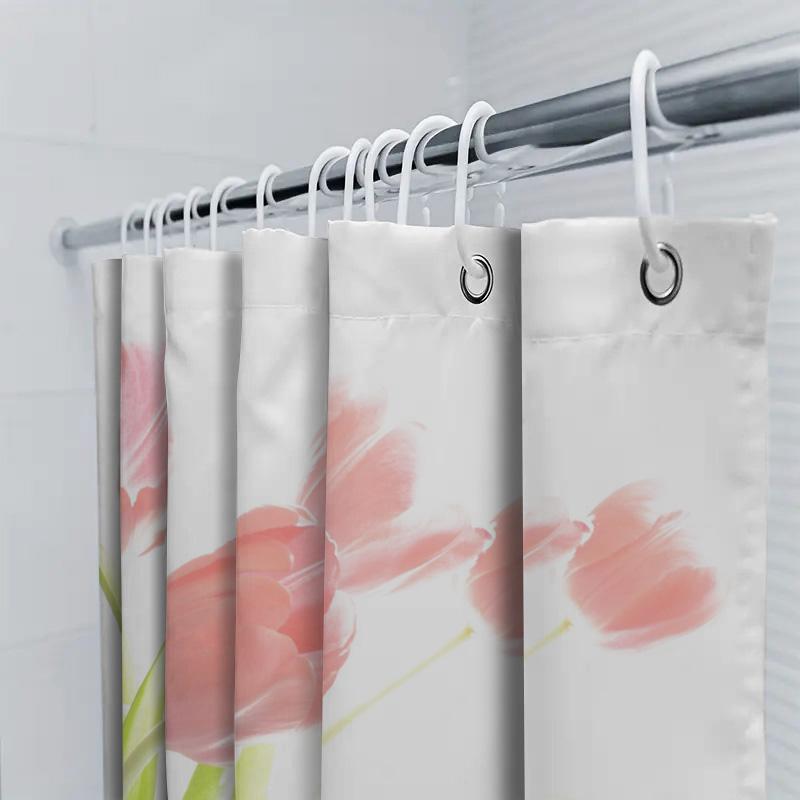 Pink Tulip Shower Curtain Set Bath Decor for Kids Bathroom Waterproof Fabric with Hooks (White)