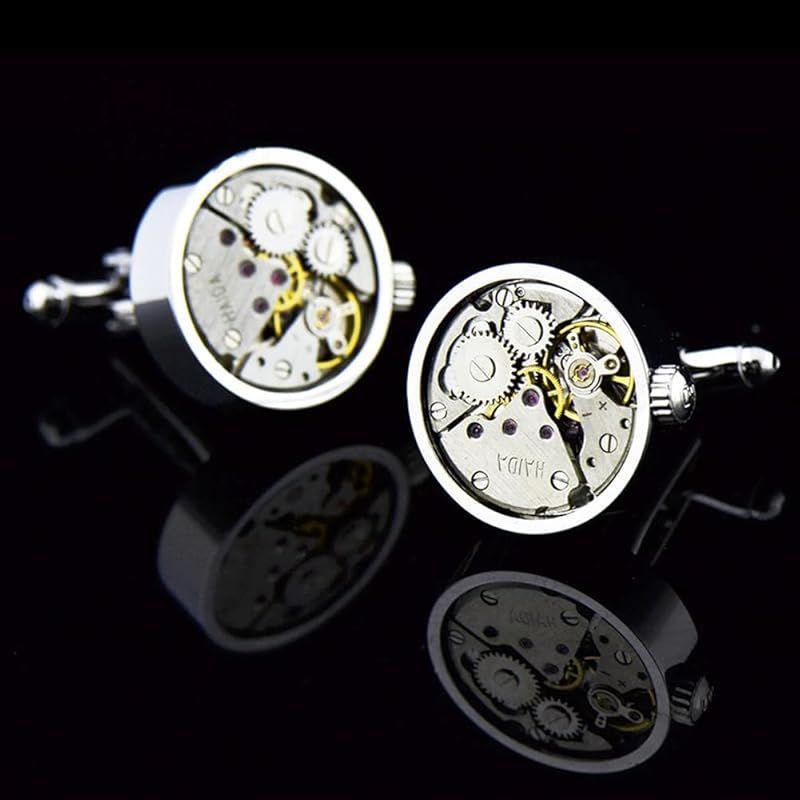 Used [New] Rockyu Cufflinks Men's Stylish Silver Watch Cufflinks Round Cufflinks Circular Mechanical Antique Watch Stainless Steel Business Suit