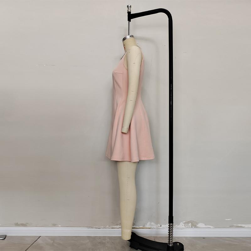 Ladies' Full Diamond Collar Studded Pearl Dress with Crystal Decoration Summer New Pink Waist Cinched Dress Temperament Short Sleeveless Women's Skirt