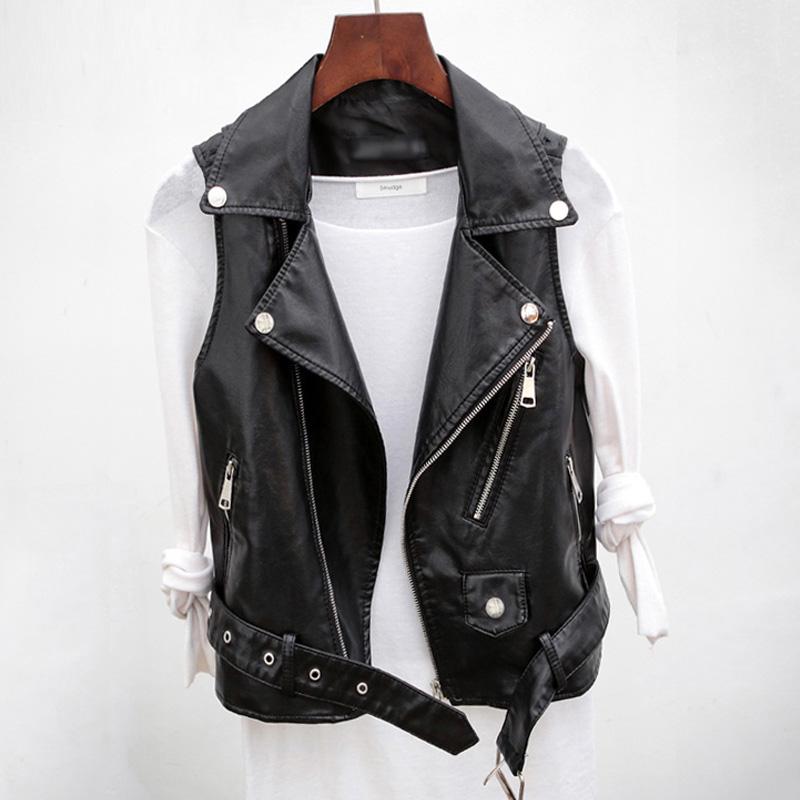 PU Leather Waistcoat Women Motorcycle Zippers Vest Coat Sleeveless Pockets Vests Large Size Tops