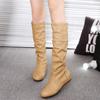 Women Leather Mid Calf Boots Casual Slip On Autumn Winter Wedge Long Fashion Pleated Round Toe Black High Female