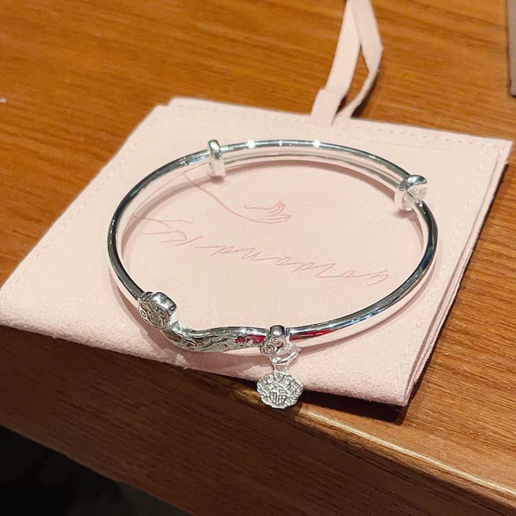 Silver 925 Ruyi Buddha Hand Lotus Flower Bracelet for Women Fashion Chinese Style Fu Character Pullable Bangles Wedding Jewelry