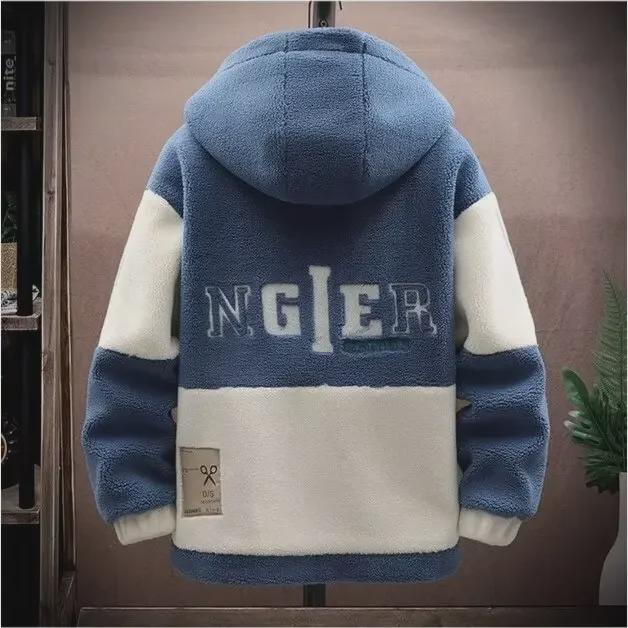 Мужское утепленное флисовое пальто - Повседневная куртка из овечьей шерсти с капюшоном для подростков и студентов